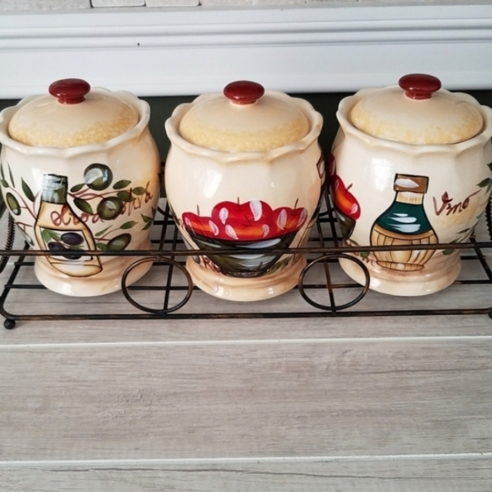 Casa Elite Hand Painted 3 Ceramic Canisters and Rack Kitchen Decor italian theme